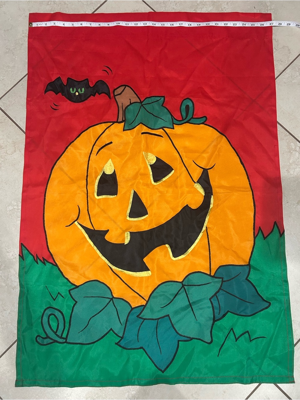 Halloween Pumpkin Garden Flag - Orange Jack-O'-Lantern on Red